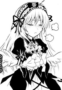 Rating: Safe Score: 0 Tags: 1girl blush closed_eyes dress feathered_wings frills greyscale hairband image juliet_sleeves long_hair long_sleeves monochrome simple_background solo suigintou white_background wings User: admin