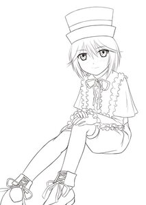 Rating: Safe Score: 0 Tags: capelet crossed_legs frills greyscale hat image long_sleeves looking_at_viewer monochrome pantyhose ribbon shoes short_hair shorts sitting smile solo souseiseki striped top_hat vertical_stripes User: admin