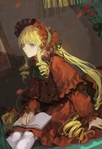 Rating: Safe Score: 0 Tags: 1girl absurdres arm_support blonde_hair bonnet book commentary_request dress drill_hair flower frills gothic_lolita green_eyes highres image koaoto lolita_fashion long_hair long_sleeves painterly petals photoshop_(medium) red_flower red_rose rose rozen_maiden shinku sitting solo spread_legs twintails white_legwear User: admin