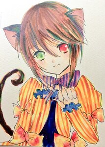 Rating: Safe Score: 0 Tags: 1girl animal_ears bow brown_hair cat_ears cat_tail green_eyes hariruri heterochromia image long_sleeves looking_at_viewer red_eyes simple_background smile solo souseiseki tail traditional_media User: admin