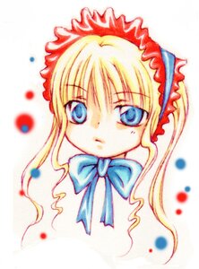 Rating: Safe Score: 0 Tags: 1girl blonde_hair blue_eyes bow bowtie image long_hair looking_at_viewer ribbon shinku simple_background solo white_background User: admin