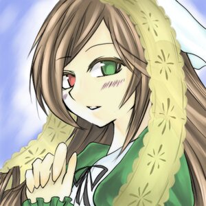 Rating: Safe Score: 0 Tags: 1girl artist_request blue_background blush bonnet brown_eyes brown_hair dress frills green_dress green_eyes heterochromia image long_hair long_sleeves looking_at_viewer lowres no_pupils red_eyes ribbon rozen_maiden smile solo suiseiseki User: admin