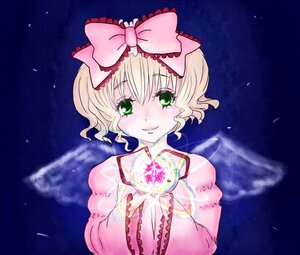 Rating: Safe Score: 0 Tags: 1girl blonde_hair bow frills green_eyes hair_bow hina_ichigo hinaichigo image long_sleeves looking_at_viewer petals pink_bow pink_dress short_hair smile solo upper_body wings User: admin