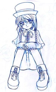 Rating: Questionable Score: 0 Tags: 1girl blue_theme blush boots capelet closed_mouth cross-laced_footwear eyebrows_visible_through_hair frills full_body hat image long_sleeves looking_at_viewer monochrome short_hair sitting smile solo souseiseki top_hat User: admin