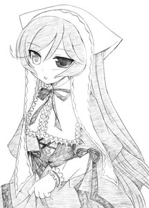 Rating: Safe Score: 0 Tags: 1girl bangs dress eyebrows_visible_through_hair frills greyscale hair_between_eyes heterochromia image long_hair long_sleeves looking_at_viewer monochrome neck_ribbon ribbon rozen_maiden simple_background solo suiseiseki takami_ryou very_long_hair white_background User: admin