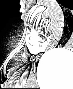 Rating: Safe Score: 0 Tags: 1girl bangs blunt_bangs blush closed_mouth crescent greyscale hat image long_hair looking_at_viewer mob_cap monochrome patchouli_knowledge ribbon shinku smile solo User: admin