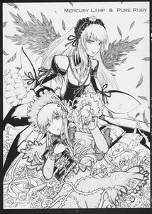 Rating: Safe Score: 0 Tags: 2girls dress feathers flower frills greyscale hairband holding_hands image long_hair long_sleeves looking_at_viewer monochrome multiple_girls pair ribbon rose shinku suigintou traditional_media wings User: admin