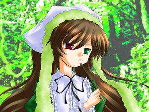 Rating: Safe Score: 0 Tags: 1girl brown_hair bush collar dress frills green_dress green_eyes hat head_scarf heterochromia image long_hair long_sleeves looking_at_viewer outdoors red_eyes solo suiseiseki tree upper_body User: admin