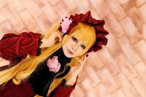 Rating: Safe Score: 0 Tags: 1girl bangs blonde_hair blue_eyes bonnet brick_wall dress flower frills lips long_hair long_sleeves looking_at_viewer photo red_dress rose shinku solo upper_body User: admin