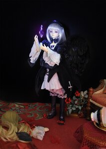 Rating: Safe Score: 0 Tags: 1girl black_dress blunt_bangs doll dress flower frills long_hair looking_at_viewer purple_eyes solo standing suigintou white_hair User: admin