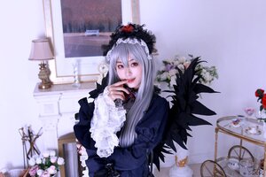 Rating: Safe Score: 0 Tags: 1girl black_dress dress flower frills gothic_lolita lolita_fashion long_hair long_sleeves looking_at_viewer silver_hair solo suigintou User: admin