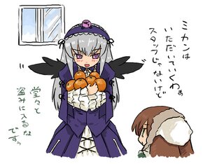 Rating: Safe Score: 0 Tags: 2girls black_wings blush brown_hair dress feathered_wings flower food hairband image lolita_hairband long_hair long_sleeves multiple_girls open_mouth pair silver_hair suigintou suiseiseki white_background wings User: admin