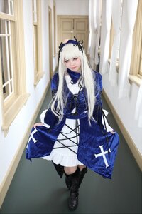 Rating: Safe Score: 0 Tags: 1girl bangs black_footwear blue_dress blue_eyes blurry boots dress full_body gothic_lolita lace lolita_fashion long_hair long_sleeves looking_at_viewer ribbon solo standing suigintou User: admin