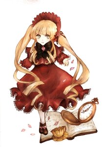 Rating: Safe Score: 0 Tags: 1girl blonde_hair blue_eyes bonnet book bow bowtie dress flower full_body image long_hair long_sleeves looking_at_viewer open_book petals red_dress rose shinku shoes solo standing twintails very_long_hair User: admin