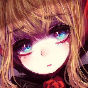 Rating: Safe Score: 0 Tags: 1girl blonde_hair blue_eyes close-up eyes face flower image looking_at_viewer red_flower red_rose rose shinku solo User: admin