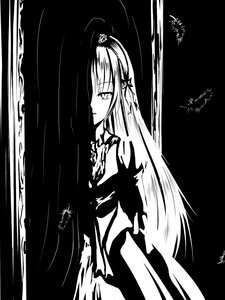 Rating: Safe Score: 0 Tags: 1girl bangs black_background bug butterfly dated dress greyscale image insect long_hair looking_at_viewer monochrome signature solo suigintou very_long_hair User: admin