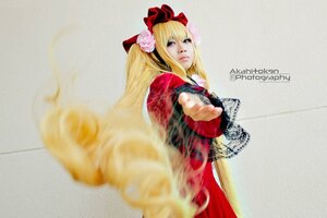 Rating: Safe Score: 0 Tags: 1girl blonde_hair blue_eyes blurry bow dress flower hair_ornament lips long_hair looking_back photo realistic red_dress rose shinku solo very_long_hair User: admin