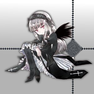 Rating: Safe Score: 0 Tags: 1girl black_wings boots cross dress feathers frills full_body hairband image long_hair long_sleeves looking_at_viewer pink_eyes ribbon rose silver_hair sitting solo suigintou wings User: admin