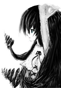 Rating: Safe Score: 0 Tags: 1girl black_hair frills from_side image limited_palette long_hair monochrome profile ribbon simple_background solo spot_color suiseiseki white_background User: admin