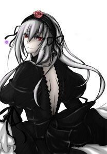 Rating: Safe Score: 0 Tags: 1girl black_dress breasts dress flower frills hairband image juliet_sleeves large_breasts lolita_fashion long_hair long_sleeves looking_at_viewer looking_back puffy_sleeves red_eyes rose smile solo suigintou white_background User: admin