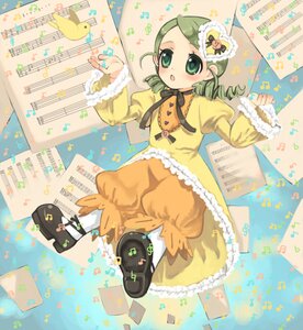 Rating: Safe Score: 0 Tags: 1girl bird blush confetti dress drill_hair eighth_note green_eyes green_hair image kanaria long_sleeves musical_note shoes solo twin_drills yellow_dress User: admin