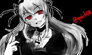 Rating: Safe Score: 0 Tags: 1girl choker dress hairband image long_hair long_sleeves looking_at_viewer monochrome open_mouth red_eyes ribbon simple_background smile solo suigintou twitter_username upper_body User: admin