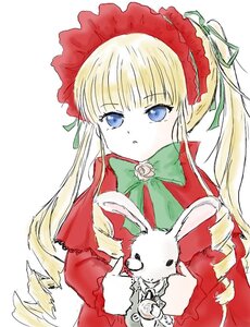 Rating: Safe Score: 0 Tags: 1girl blonde_hair blue_eyes bonnet bow bowtie dress flower green_bow image long_hair long_sleeves looking_at_viewer rose shinku sidelocks simple_background solo upper_body white_background User: admin