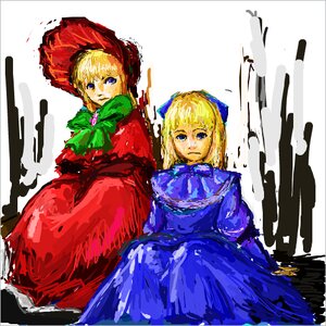 Rating: Safe Score: 0 Tags: blonde_hair blue_dress blue_eyes bow bowtie dress green_bow green_neckwear image long_hair long_sleeves looking_at_viewer multiple_girls pixel_art red_dress shinku solo User: admin