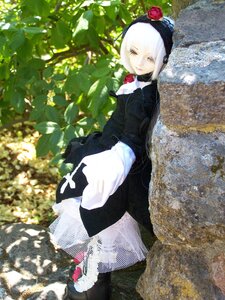 Rating: Safe Score: 0 Tags: 1girl black_dress closed_eyes doll dress flower hairband long_sleeves outdoors rose short_hair solo standing suigintou white_hair User: admin