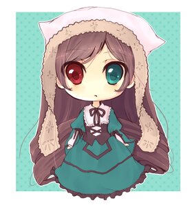 Rating: Safe Score: 0 Tags: 1girl brown_hair chibi dress frills green_background green_dress green_eyes halftone halftone_background hat head_scarf heterochromia image long_hair long_sleeves looking_at_viewer polka_dot polka_dot_background red_eyes solo standing suiseiseki very_long_hair User: admin