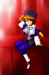 Rating: Safe Score: 0 Tags: 1girl bow brown_hair dress frills full_body hat heterochromia image long_sleeves looking_at_viewer red_background red_eyes shoes short_hair sitting solo souseiseki top_hat white_legwear User: admin