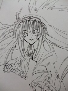 Rating: Safe Score: 0 Tags: 1girl dress frills greyscale image long_hair long_sleeves looking_at_viewer monochrome ribbon simple_background solo suigintou traditional_media very_long_hair white_background wide_sleeves wings User: admin