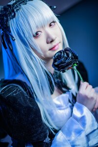 Rating: Safe Score: 0 Tags: 1girl blue_flower blue_rose dress flower gothic_lolita lips lolita_fashion long_hair red_eyes ribbon rose solo suigintou User: admin