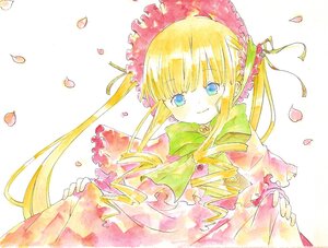 Rating: Safe Score: 0 Tags: 1girl bangs blonde_hair blue_eyes bonnet bow bowtie dress flower green_bow image long_hair long_sleeves looking_at_viewer petals pink_flower red_dress rose rose_petals shinku sidelocks smile solo striped traditional_media twintails very_long_hair watercolor_(medium) white_background User: admin