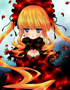 Rating: Safe Score: 0 Tags: 1girl blonde_hair blue_eyes bonnet dress drill_hair flower image long_hair long_sleeves looking_at_viewer petals red_dress rose_petals shinku solo twintails User: admin