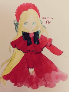 Rating: Safe Score: 0 Tags: 1girl bangs blonde_hair blue_eyes bonnet bow capelet closed_mouth dress flower image long_hair long_sleeves looking_at_viewer red_capelet red_dress rose shinku simple_background solo User: admin