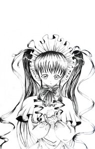 Rating: Safe Score: 0 Tags: 1girl bow dress greyscale hair_ribbon image long_hair long_sleeves looking_at_viewer monochrome ribbon shinku simple_background solo twintails upper_body very_long_hair User: admin