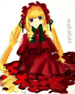 Rating: Safe Score: 0 Tags: 1girl blonde_hair blue_eyes bonnet bow bowtie capelet dress flower green_bow green_neckwear image long_hair long_sleeves looking_at_viewer red_dress rose shinku solo twintails white_background User: admin