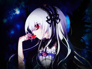 Rating: Safe Score: 0 Tags: 1girl black_wings bug butterfly dress flower frills fruit hairband holding image insect lolita_fashion long_hair red_eyes red_flower ribbon rose silver_hair solo suigintou upper_body wings User: admin