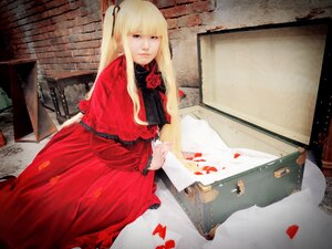 Rating: Safe Score: 0 Tags: 1girl bangs blonde_hair blue_eyes dress flower hair_ribbon long_hair looking_at_viewer petals red_dress ribbon rose shinku sitting solo twintails User: admin