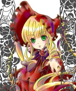 Rating: Safe Score: 0 Tags: 1girl blonde_hair bonnet bow dress flower green_eyes hina_ichigo image long_hair looking_at_viewer red_dress rose shinku simple_background solo white_background User: admin