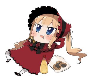 Rating: Safe Score: 0 Tags: 1girl blonde_hair blue_eyes blush bonnet bow chibi chocolate cookie dress eating food food_on_face image long_hair long_sleeves shinku shoes solo twintails white_background User: admin