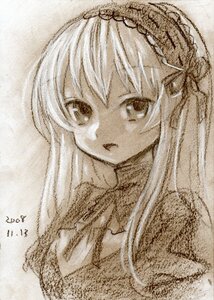 Rating: Safe Score: 0 Tags: 1girl hair_ribbon hairband image long_hair looking_at_viewer monochrome ribbon simple_background solo suigintou traditional_media User: admin