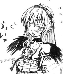 Rating: Safe Score: 0 Tags: 1girl black_wings blush choker dress feathers flower flying_sweatdrops greyscale hairband image long_hair monochrome open_mouth rose simple_background solo suigintou upper_body white_background wings User: admin