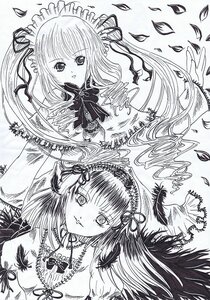 Rating: Safe Score: 0 Tags: blush feathers flower greyscale image long_hair looking_at_viewer monochrome multiple_girls pair petals ribbon shinku suigintou traditional_media upper_body User: admin