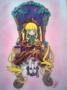 Rating: Safe Score: 0 Tags: 1girl bangs blonde_hair bonnet bow bowtie dress full_body image long_hair long_sleeves looking_at_viewer red_dress shinku sitting solo very_long_hair User: admin