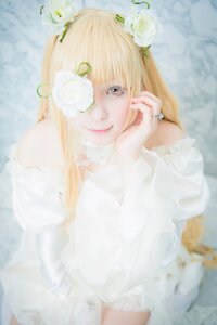 Rating: Safe Score: 0 Tags: 1girl bangs blonde_hair blurry depth_of_field dress flower kirakishou lips long_hair rose sitting smile solo vertical_stripes white_dress white_flower white_rose User: admin