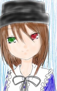 Rating: Safe Score: 0 Tags: 1girl bangs black_headwear blush brown_hair closed_mouth eyebrows_visible_through_hair frills green_eyes hat image looking_at_viewer neck_ribbon red_eyes ribbon short_hair solo souseiseki striped User: admin