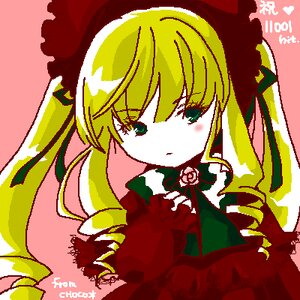 Rating: Safe Score: 0 Tags: 1girl blonde_hair bonnet bow bowtie character_name dated dress drill_hair flower frills green_eyes image long_hair long_sleeves looking_at_viewer red_dress shinku simple_background solo upper_body User: admin