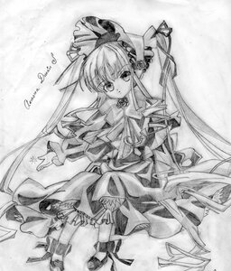 Rating: Safe Score: 0 Tags: 1girl bonnet dress drill_hair flower frills full_body greyscale hat image long_hair long_sleeves looking_at_viewer monochrome rose shinku shoes solo standing traditional_media twintails very_long_hair User: admin